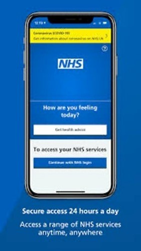Screenshot of the NHS app (Secure access, 24 hours a day. Access a range of NHS services anytime, anywhere)
